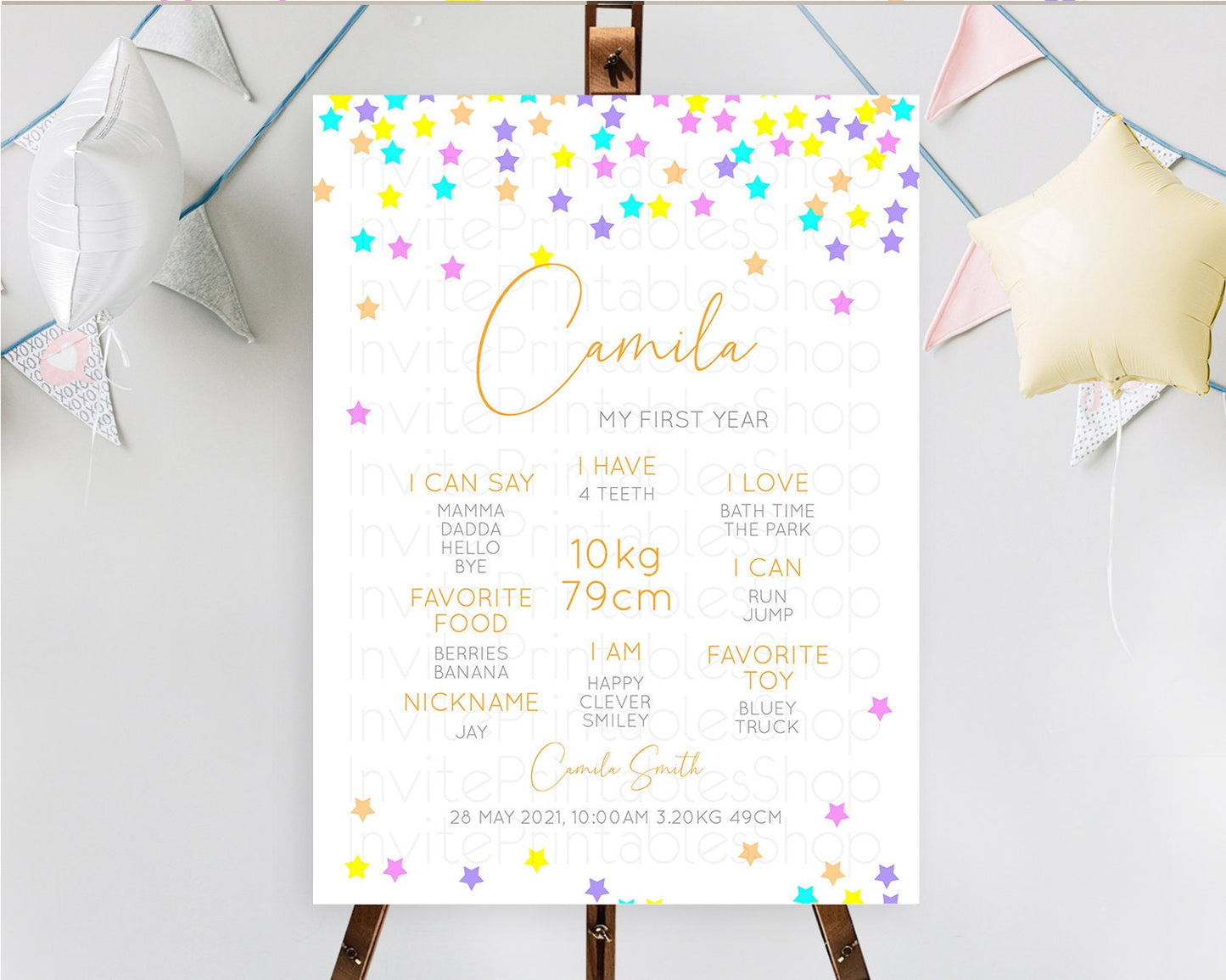 Star First Birthday Milestone Poster Pastel Stars Milestone Shooting Star Rainbow Colorful Confetti Twinkle Little Star 1st Birthday D10397