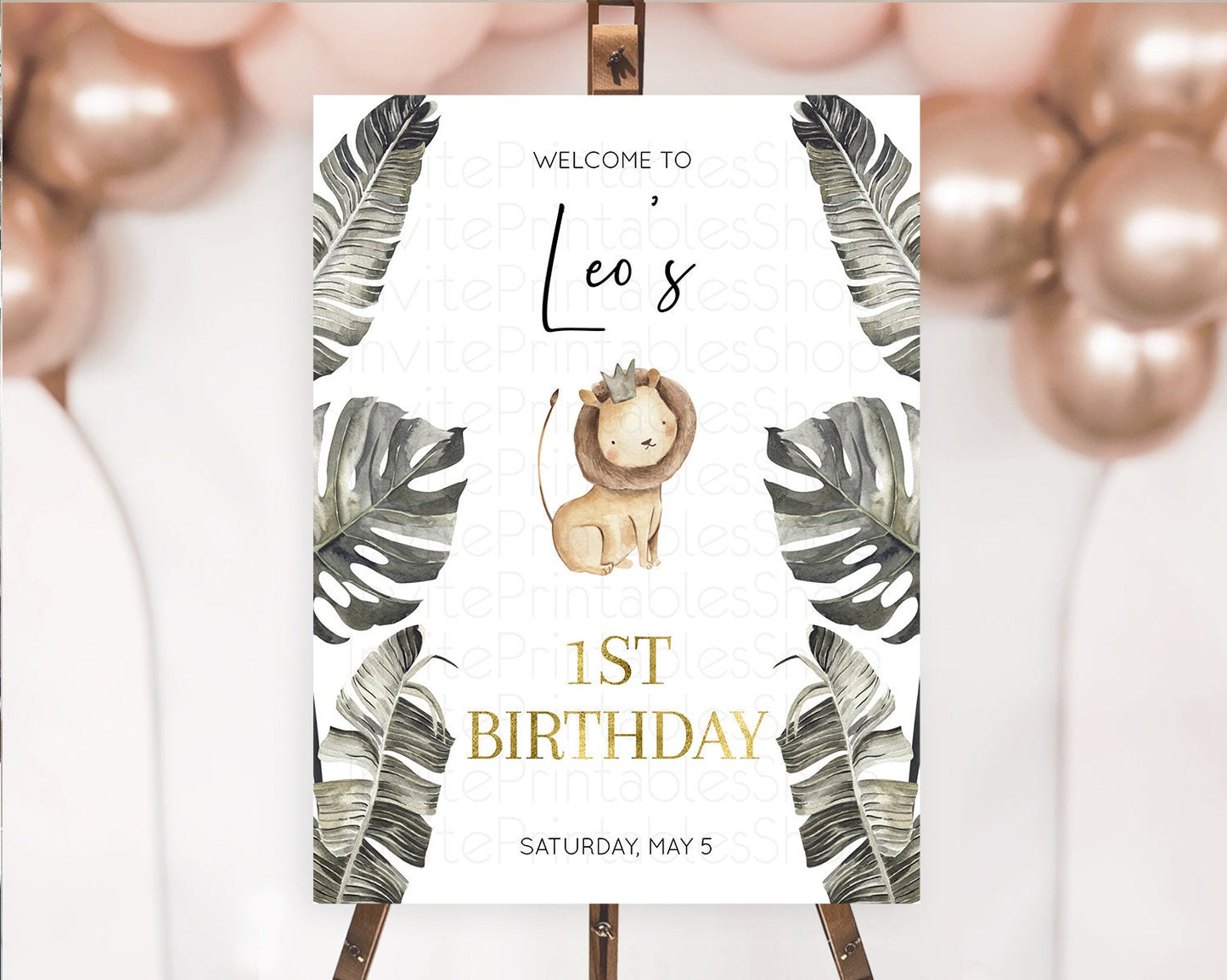 Lion Welcome Sign Lion Welcome Board Lion Party Welcome Poster Dried Palm Fern Safari Party Decor Lion First Birthday Welcome Sign D10599
