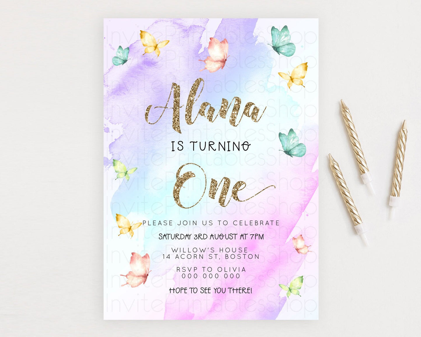 Pastel Butterfly Birthday Invitation Butterfly Birthday Invitation Colorful Splash Glitter Butterfly Garden 1st 2nd Birthday D23236