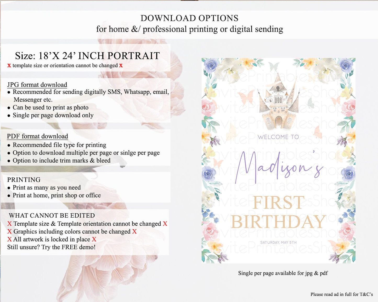 Princess Birthday Welcome Sign Castle Welcome Board Secret Garden Enchanted Castle Pastel Floral Garden First Birthday Welcome Sign D10709