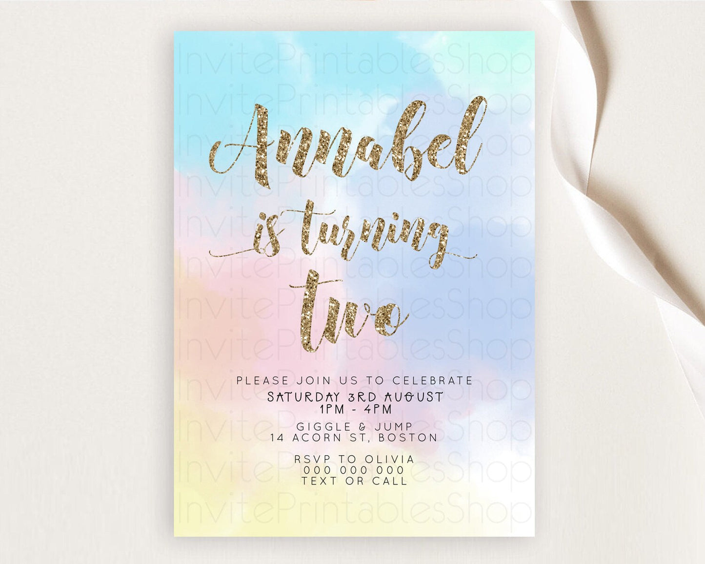 Rainbow Birthday Invitation Colorful Pastel Watercolor Invitation Gold Glitter Sprinkles Ombre Pastel 1st 2nd 3rd Birthday D10378