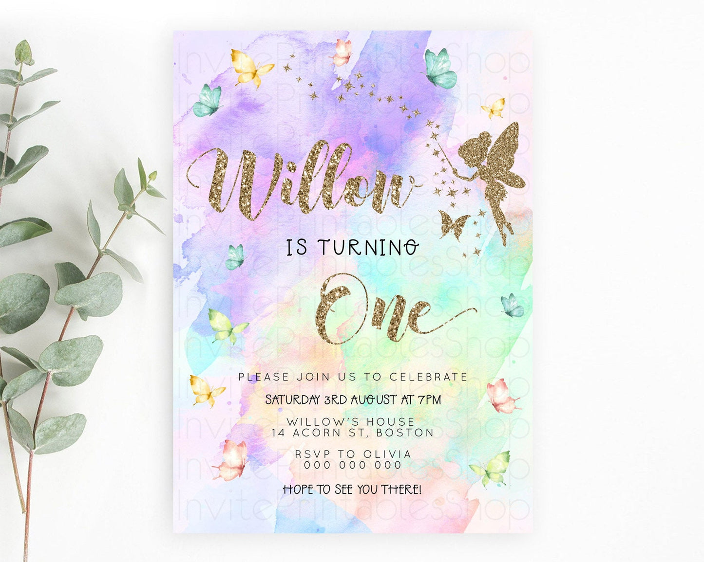 Pastel Fairy Birthday Invitation Pastel Butterflies Fairy Birthday Invitation Rainbow Ombre Watercolor 1st 2nd Birthday Invitation D23344