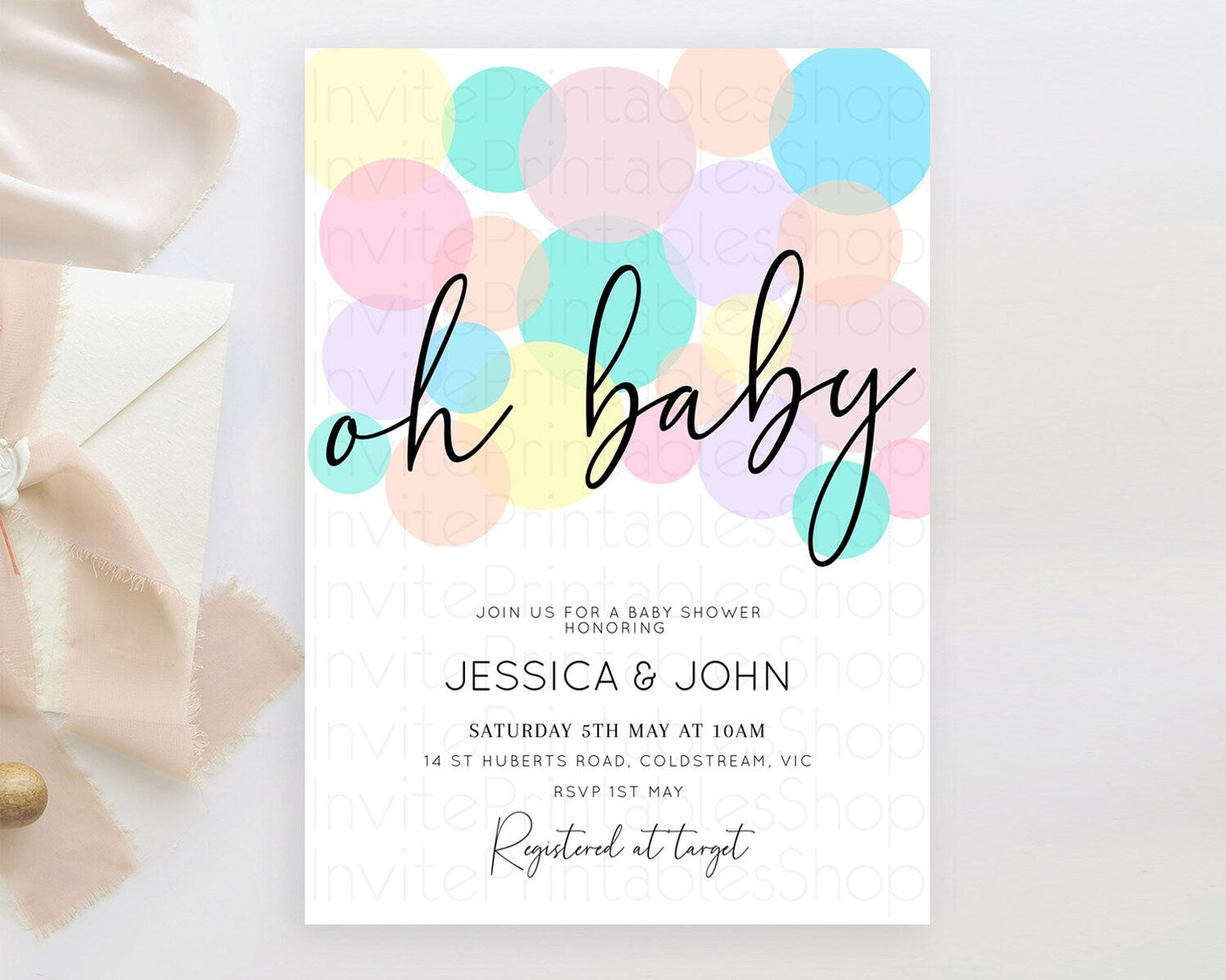 Pastel Rainbow Baby Shower Invitation Pastel Invitation Sprinkles Bubbles Invitation Colorful Rainbow Confetti Pink Blue Yellow Theme D10784