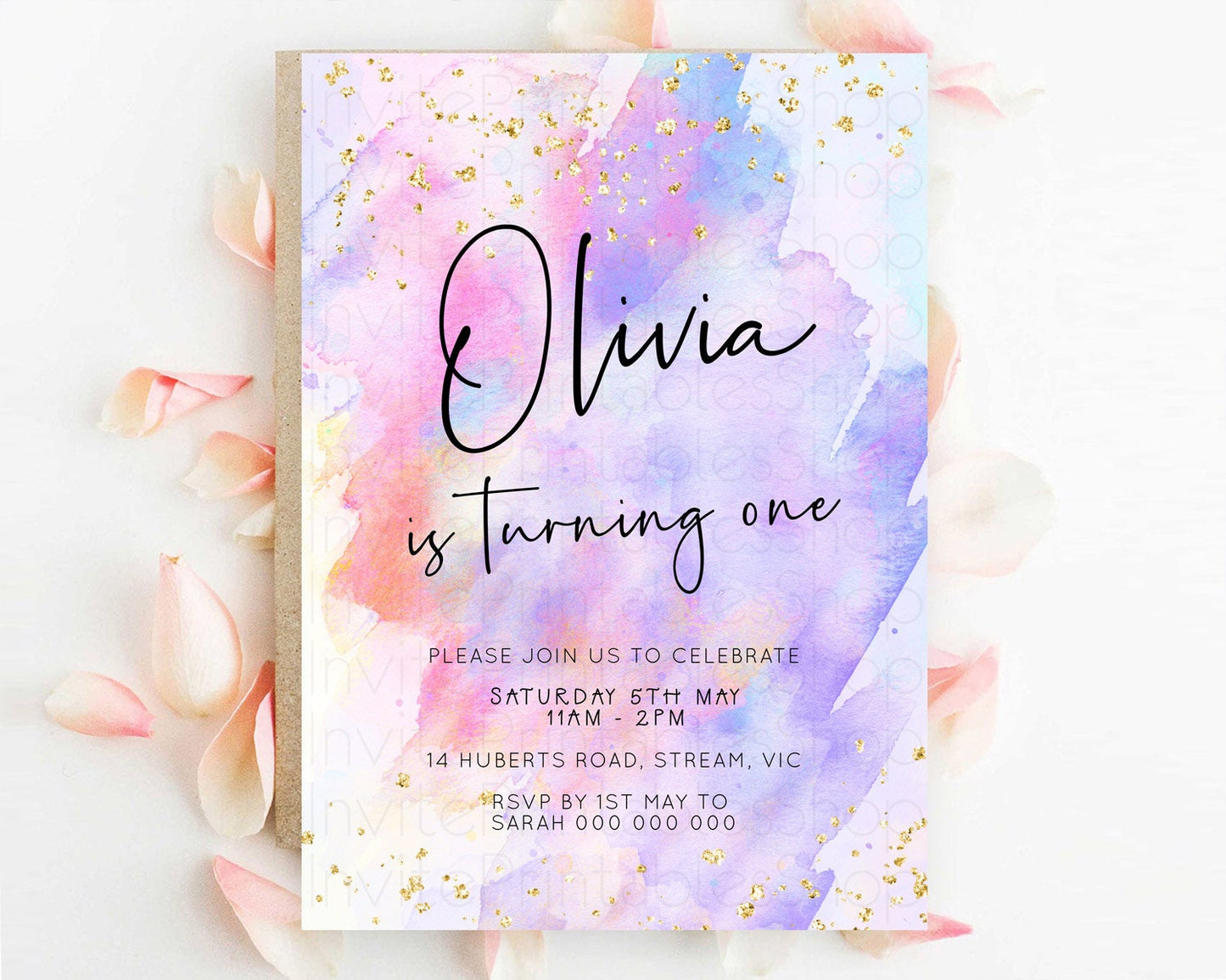Pastel Birthday Invitation Ombre Watercolor Birthday Invitation Glitter Rainbow Color Splash 1st 2nd 3rd Birthday Invitation D23063