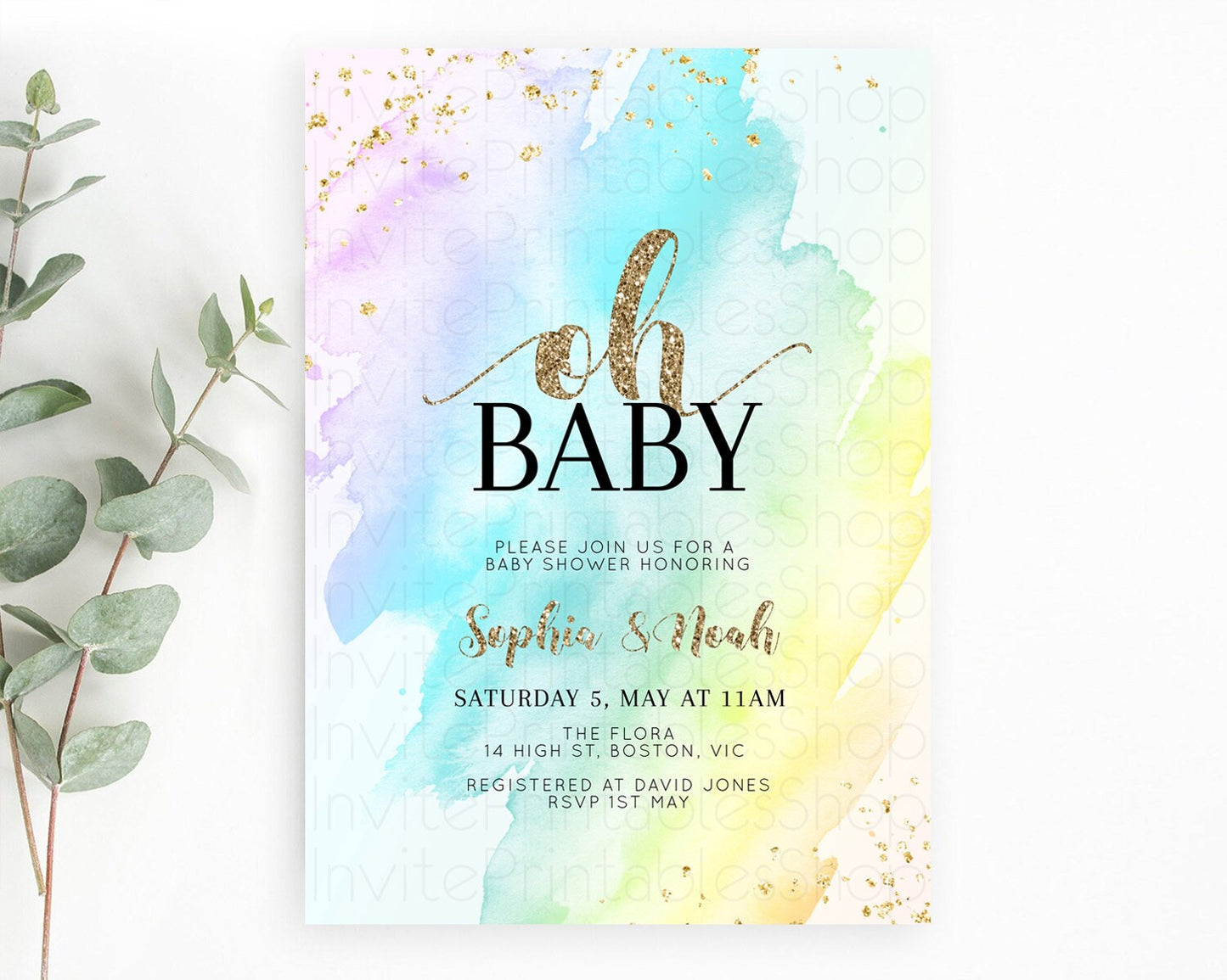 Pastel Baby Shower Invitation Rainbow Baby Shower Invitation Colorful Pastel Watercolor Invitation Gold Glitter Sprinkles Ombre D11026