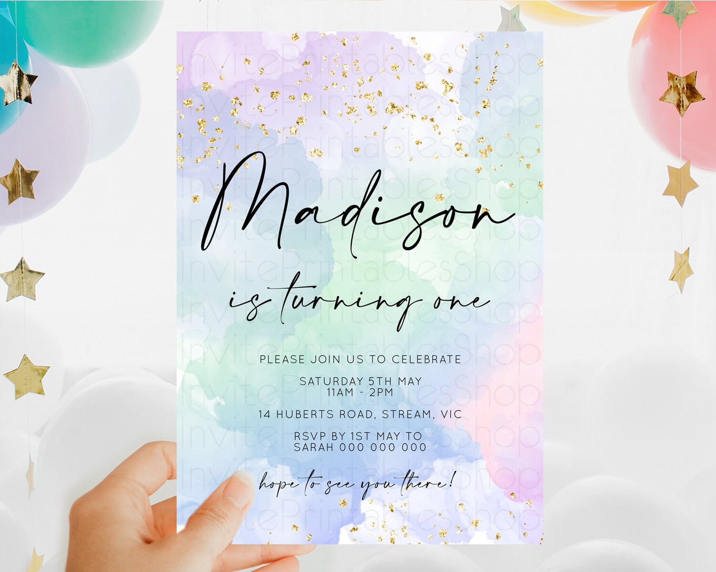 Rainbow Birthday Invitation Colorful Pastel Watercolor Invitation Gold Glitter Sprinkles Ombre Pastel 1st 2nd 3rd Birthday D10624