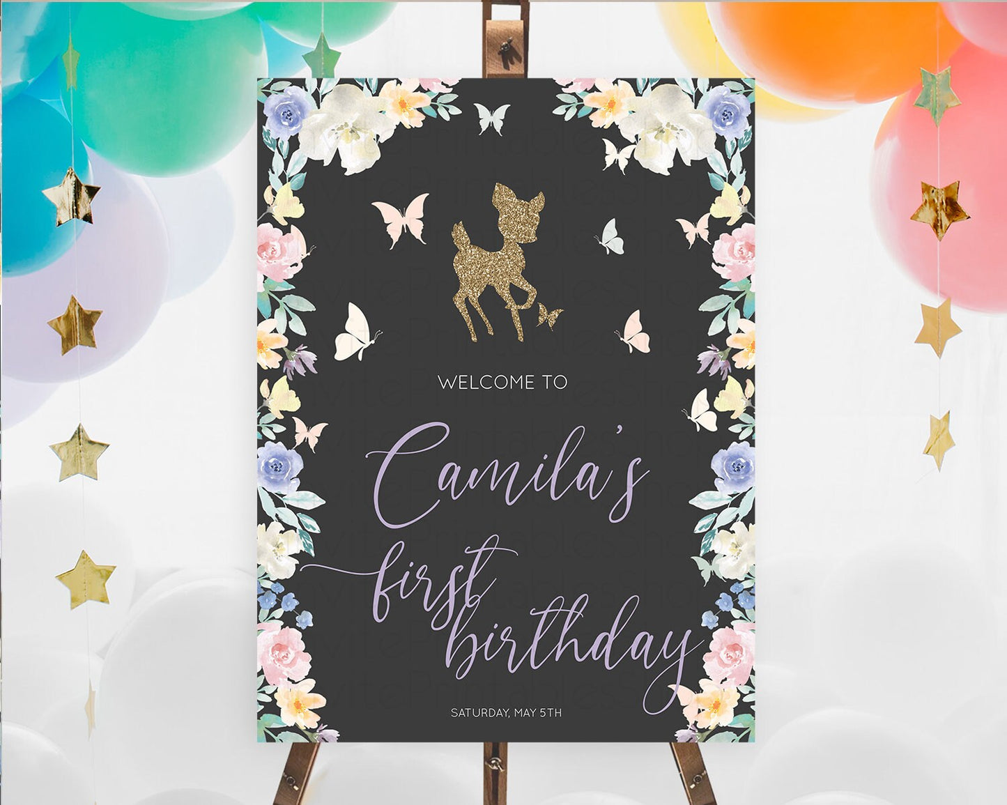 Fawn Welcome Sign Deer Welcome Board Floral Deer Welcome Poster Enchanted Forest Butterfly Pastel Floral First Birthday Welcome Sign D10323