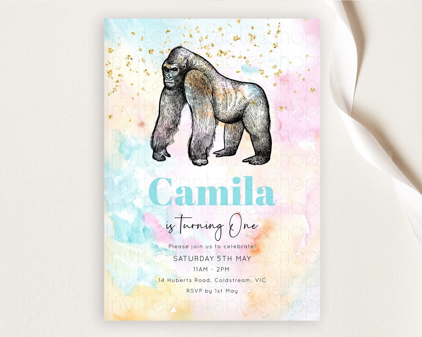 Pastel Gorilla Birthday Invitation Pastel Gorilla Invitation Rainbow Gorilla Invitation Pastel Watercolor Invite Safari Zoo Glitter D10284