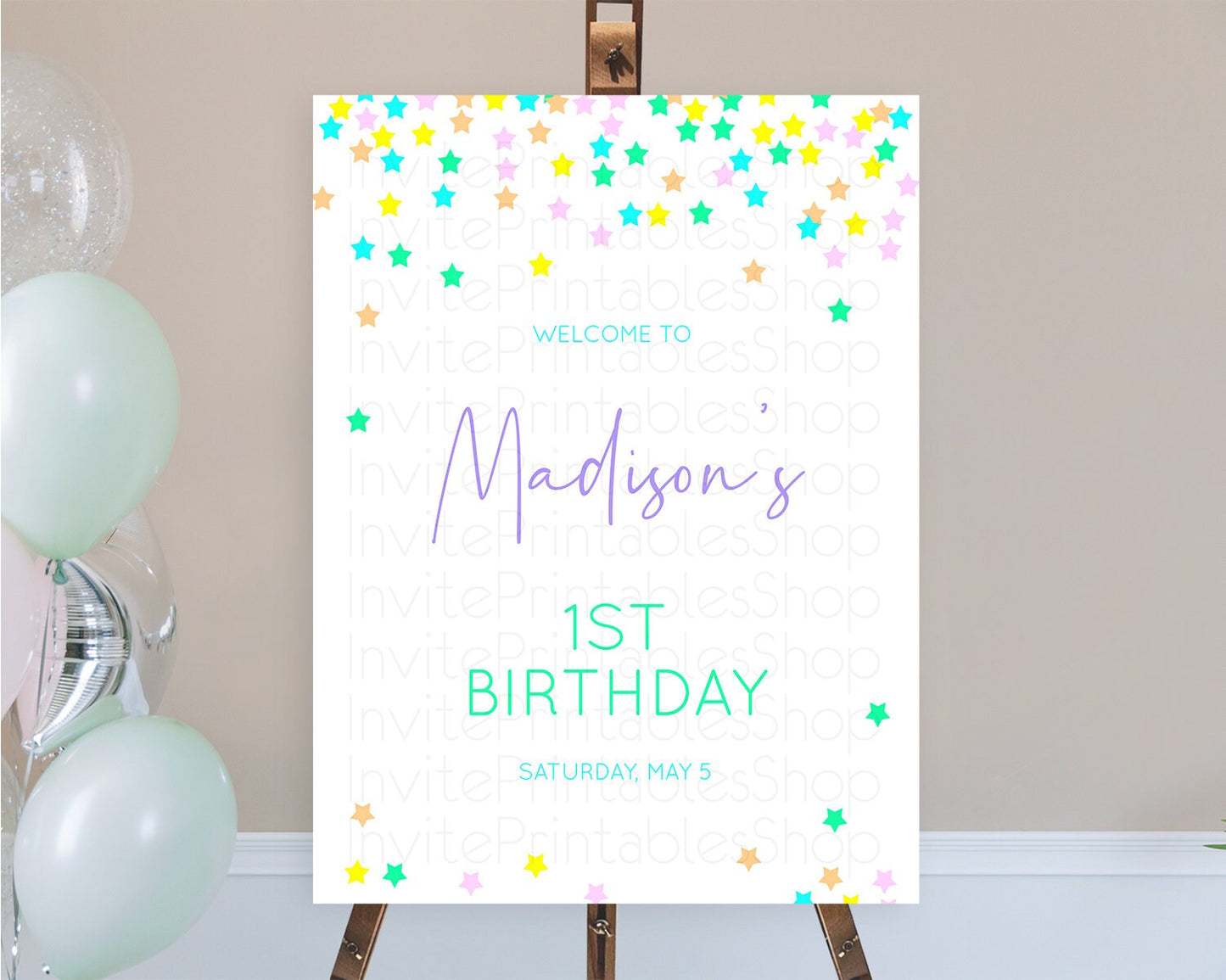 Star Welcome Board Pastel Stars Welcome Sign Shooting Star Rainbow Colorful Confetti Twinkle Little Star First Birthday Welcome Sign D10397