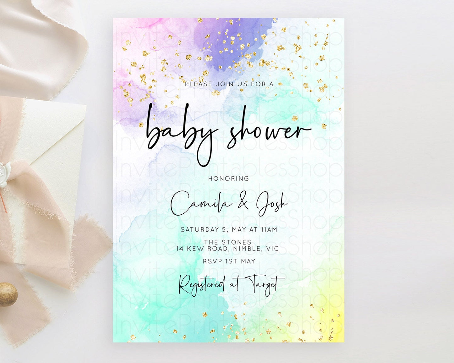 Pastel Rainbow Baby Shower Invitation, Colorful Watercolor Splash, Soft Pastel with Gold Glitter Sprinkles - Purple, Teal, Pink Ombre D10158