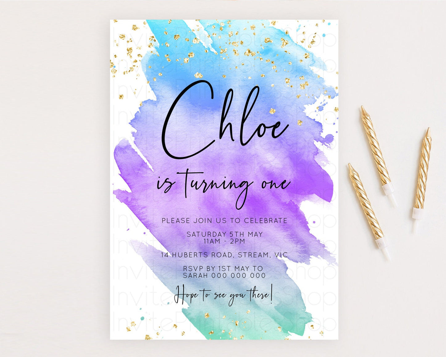 Rainbow Birthday Invitation Colorful Pastel Watercolor Invitation Gold Glitter Sprinkles Ombre Pastel 1st 2nd 3rd Birthday D10491