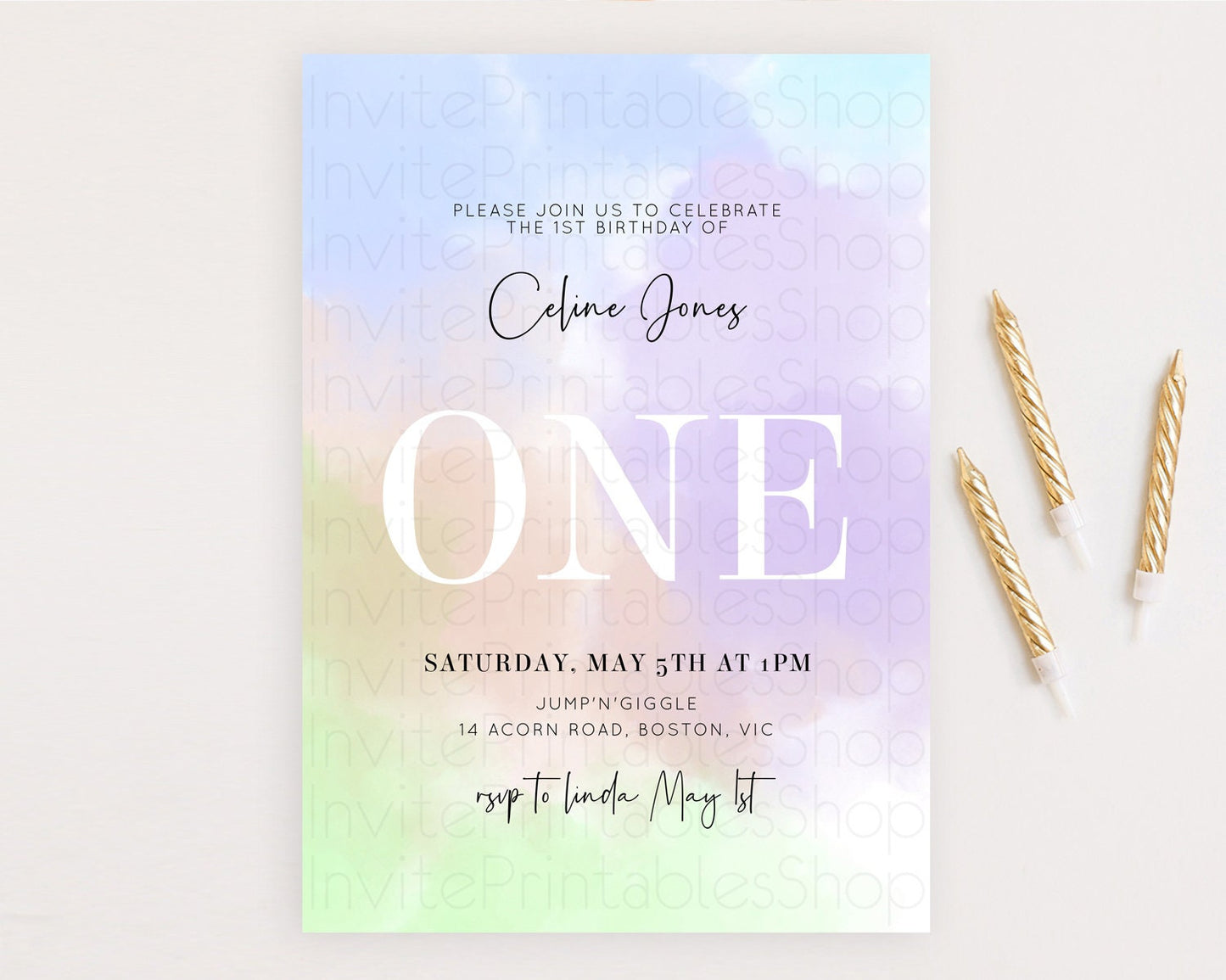 Rainbow Birthday Invitation Colorful Pastel Watercolor Invitation Gold Glitter Sprinkles Ombre Pastel 1st 2nd 3rd Birthday D10371