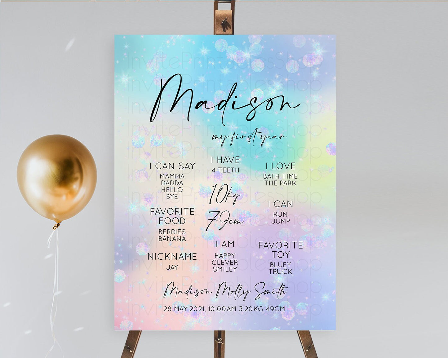 Rainbow First Birthday Milestone Poster Colorful Pastel Watercolor Iridescent Sprinkles Ombre Pastel Milestone Board First Birthday D10665