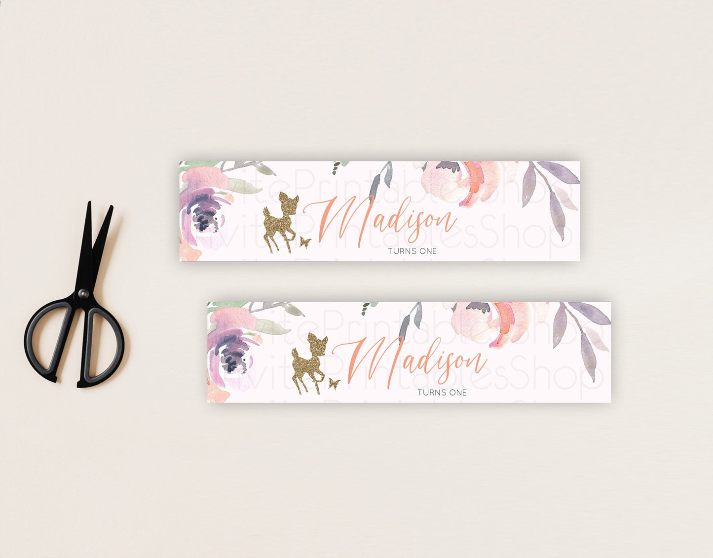 Fawn Deer Water Label Template Pastel Floral Deer Enchanted Forest Butterfly Party Decor Birthday Baptism Baby Shower Bridal Shower D10196