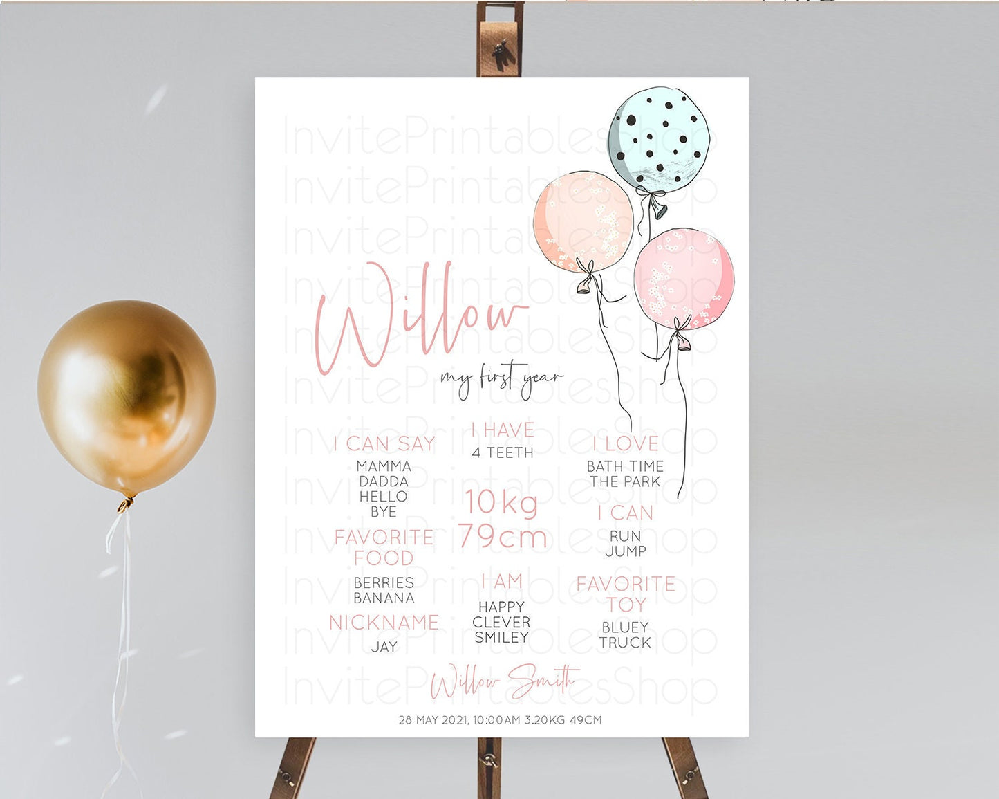 Pastel Balloons First Birthday Milestone Board Colorful Balloon Milestone Poster Rainbow Balloon Confetti 1st Birthday Welcome Sign D10868