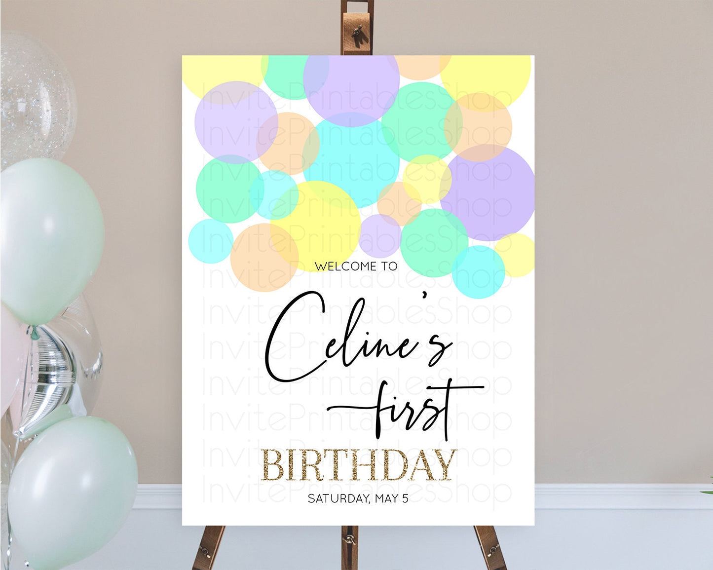 Rainbow Welcome Sign Pastel Welcome Board Pastel Rainbow Confetti Welcome Sign Colorful Bubbles Pastel First Birthday Welcome Sign D10415