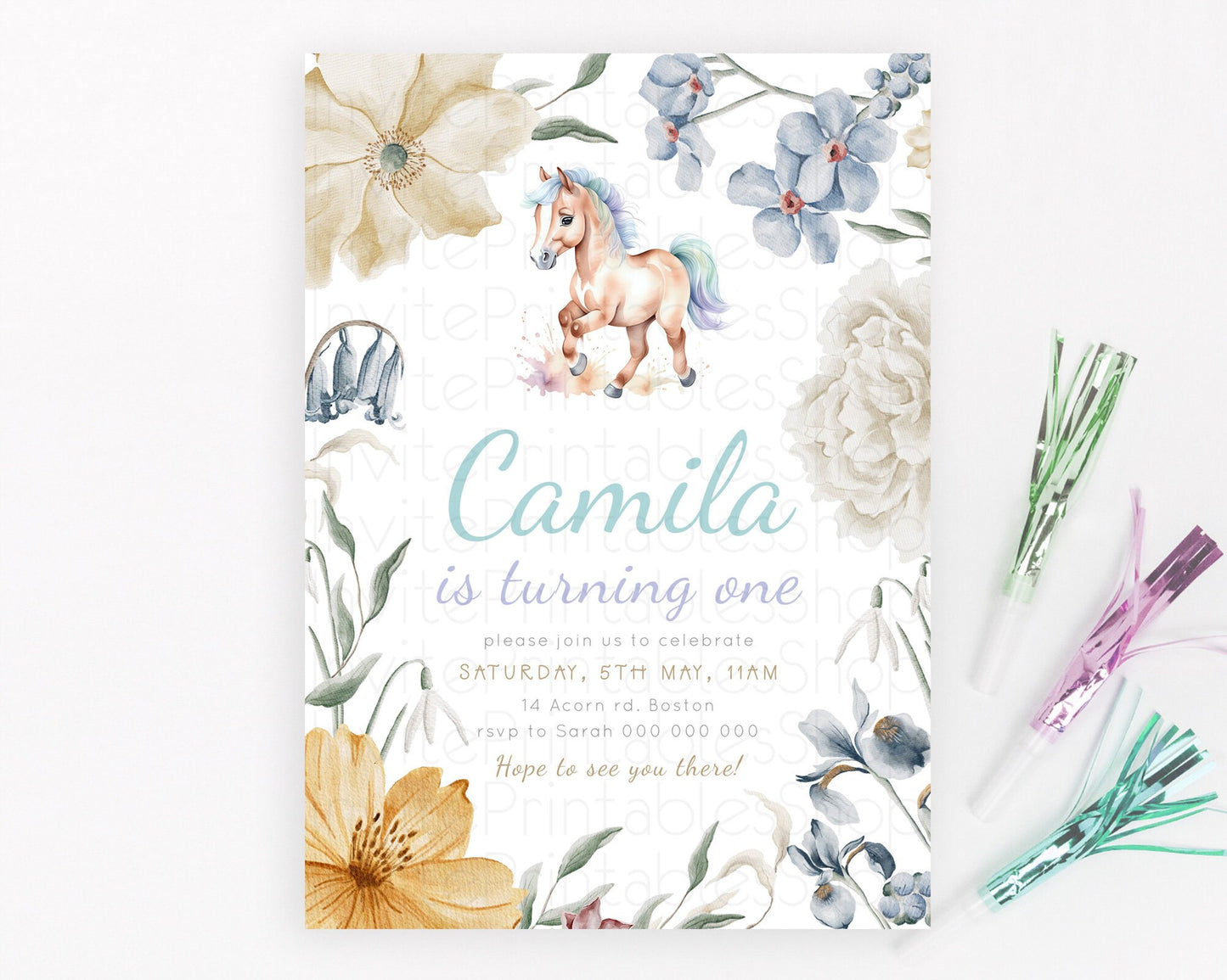 Horse Birthday Invitation, Galloping Wildflower Fields, Pastel Flowers, Butterflies, Flowers Accents for Equestrian & Cowgirls d23376