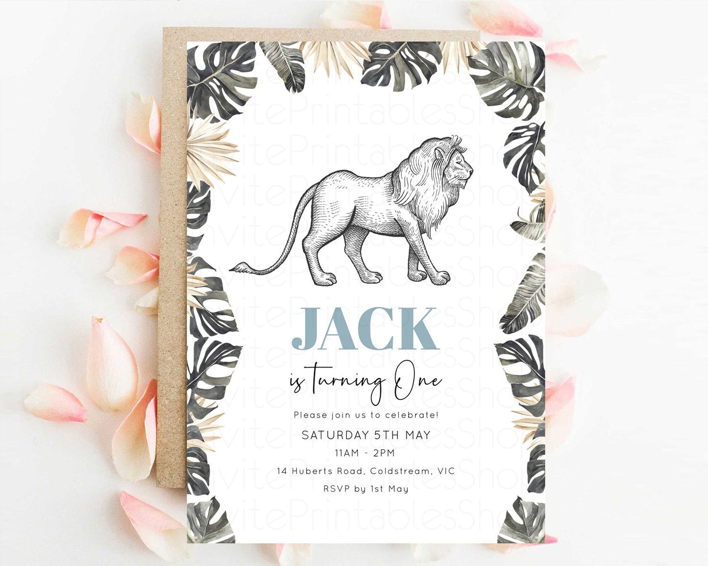 Lion Birthday Invitation Lion Invitation Tropical Palms Invitation Jungle Safari Adventure Zoo Party Wild Party Animal 1st 2nd 3rd p249