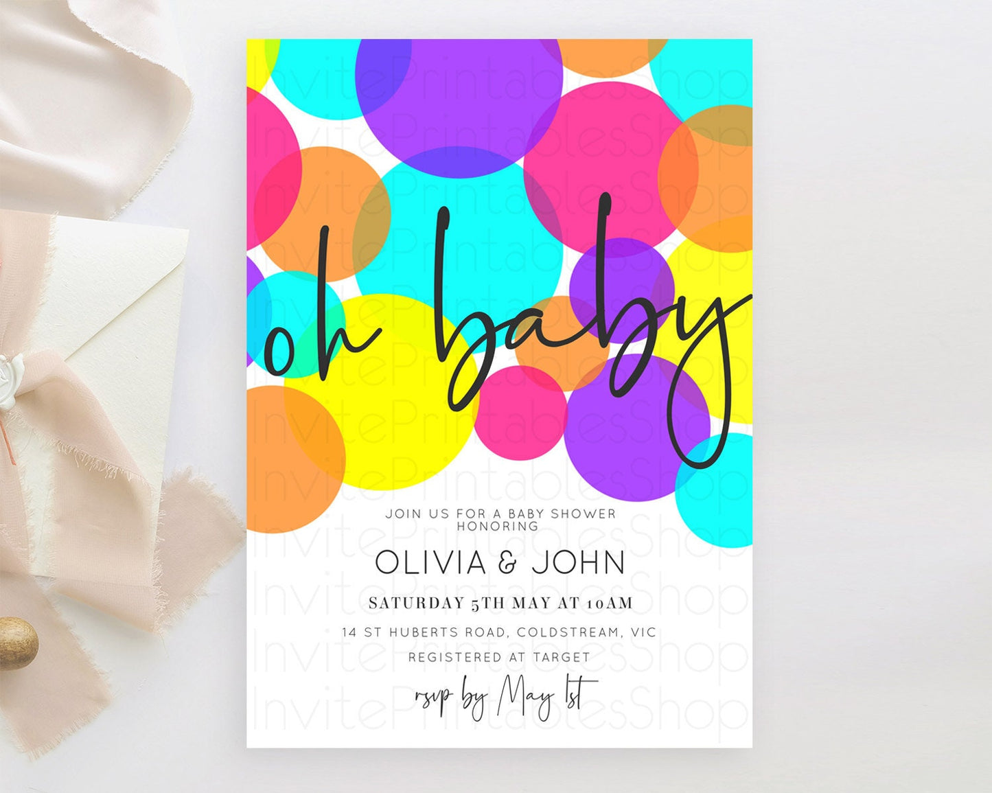 Pastel Rainbow Baby Shower Invitation, Colorful Confetti, Sprinkles, Bubbles, POP Invitation Vibrant Purple, Blue, Yellow, Pink Theme D11022
