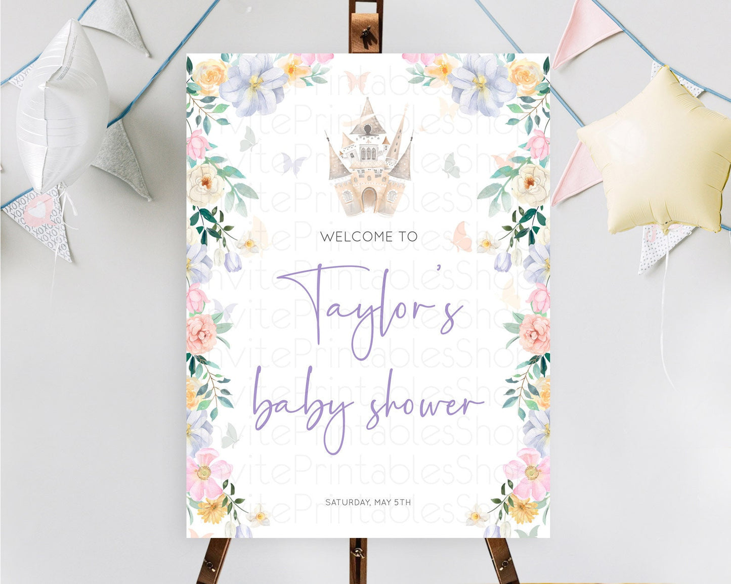 Princess Baby Shower Welcome Sign Castle Welcome Board Secret Garden Enchanted Castle Pastel Floral Garden Baby Shower Welcome Sign D10473