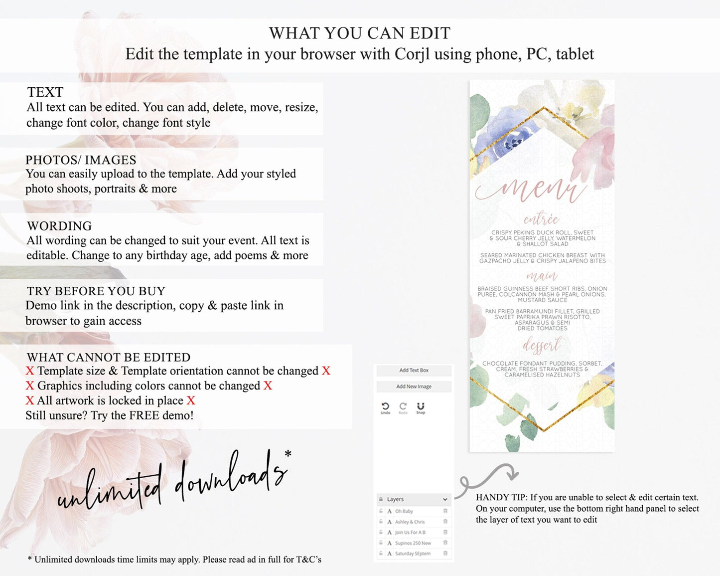 Secret Garden Menu Wildflower Menu Template Pastel Flower Garden Table Decor Boho Floral Dinner Dessert Floral Party Food Menu D10254