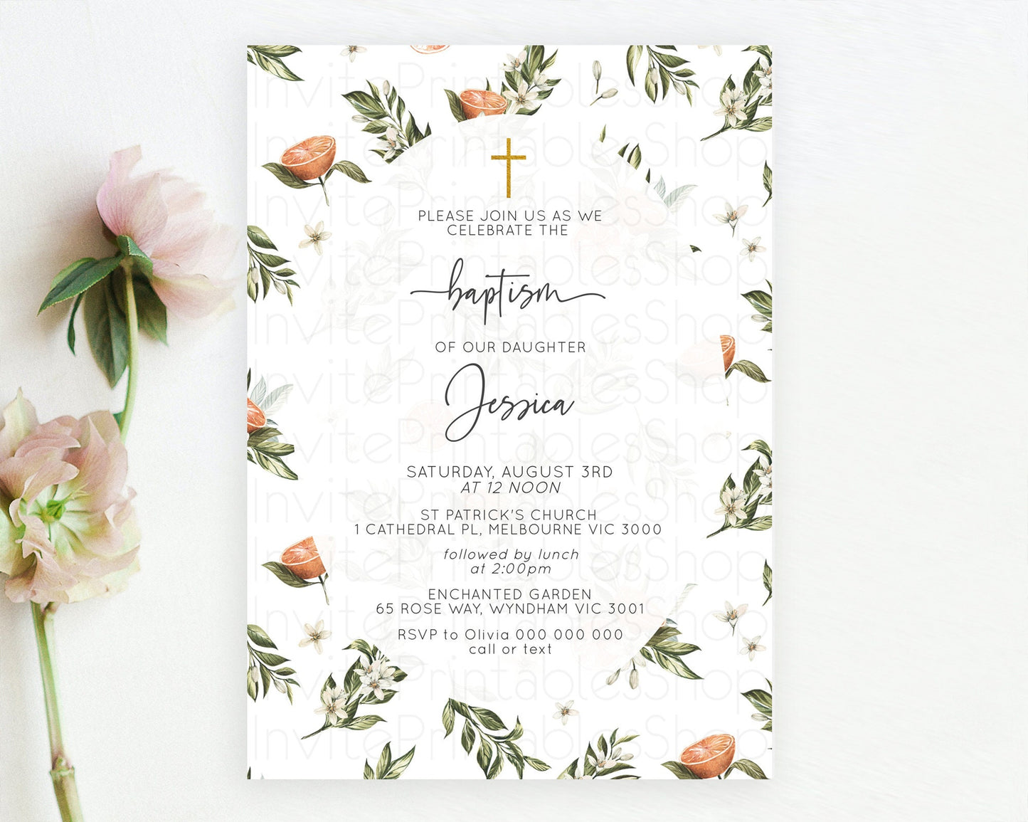 Citrus Baptism Invitation Lemon Orange Baptism 1st Birthday Invitation Citrus Garden Christening Invitation Citrus Floral Religious  D10545