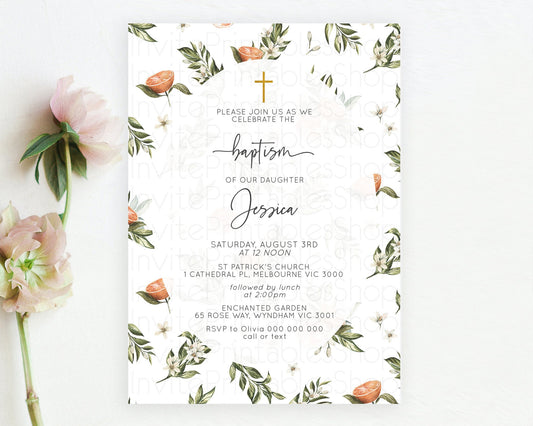 Citrus Baptism Invitation Lemon Orange Baptism 1st Birthday Invitation Citrus Garden Christening Invitation Citrus Floral Religious  D10545