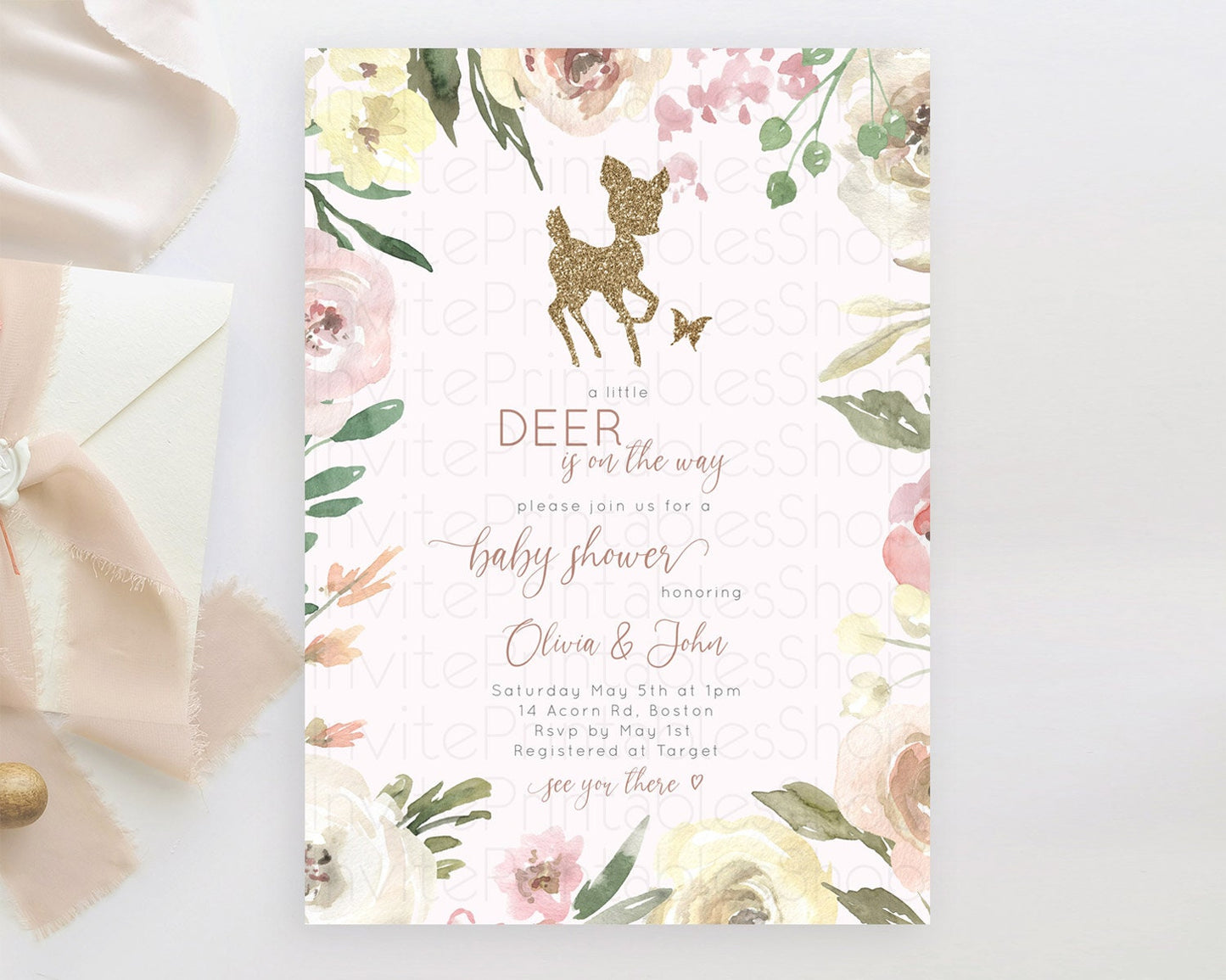 Fawn Baby Shower Invitation: Glitter Deer, Whimsical Butterflies, Secret Garden, Pastel Flowers, Pink Yellow Floral, Enchanted Forest D10193