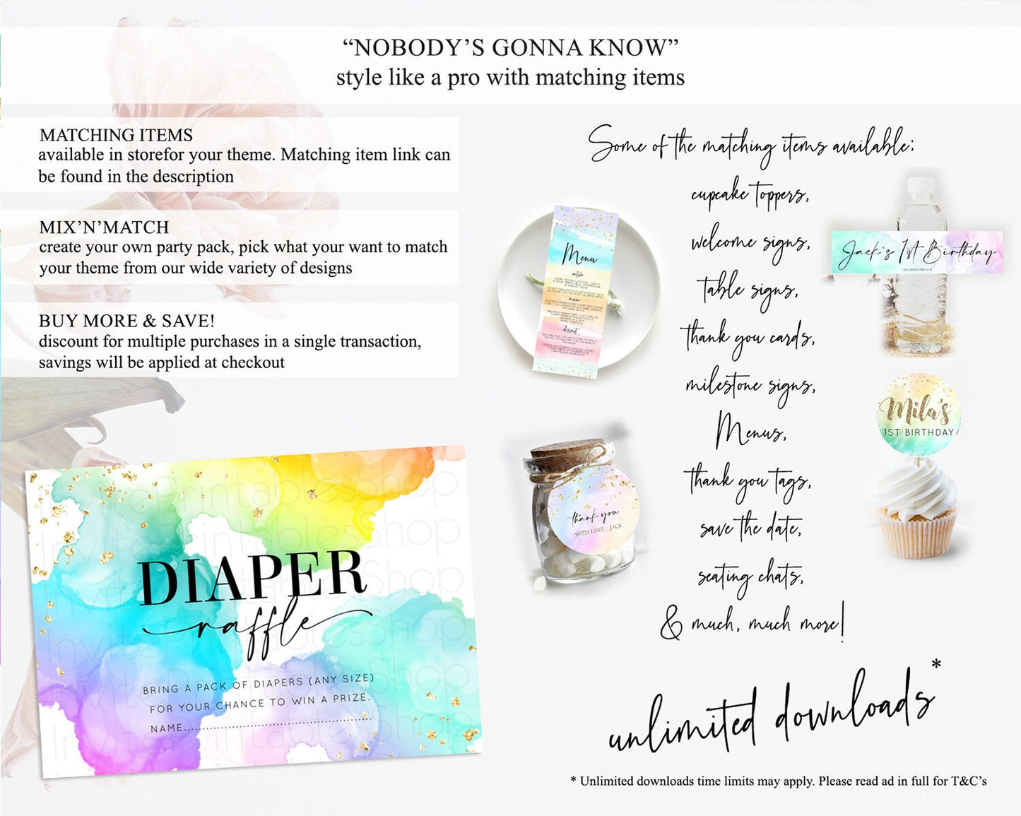 Pastel Diaper Raffle Card Pastel Rainbow Diaper Raffle Insert Colorful Ombre Watercolor Diaper Ticket Confetti Glitter Raffle Game D10213