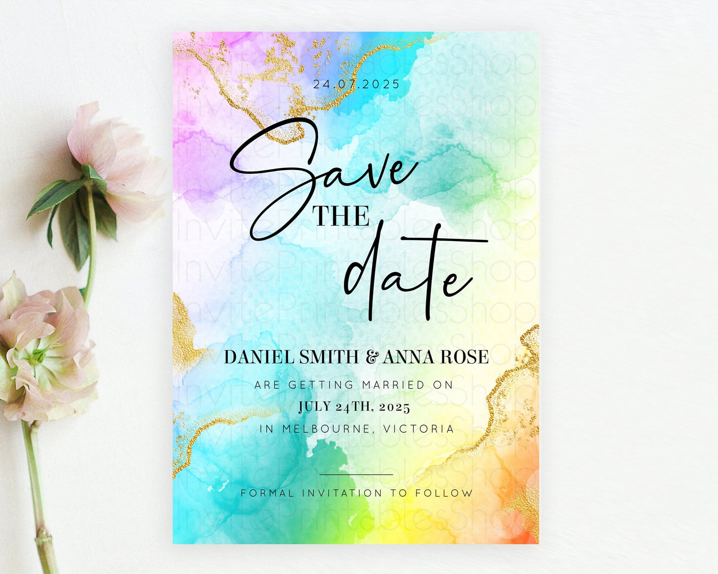 Pastel Save The Date Template Pastel Ombre Rainbow Watercolor Colorful Party For Birthday Baptism Baby Shower Wedding Bridal Shower D10393