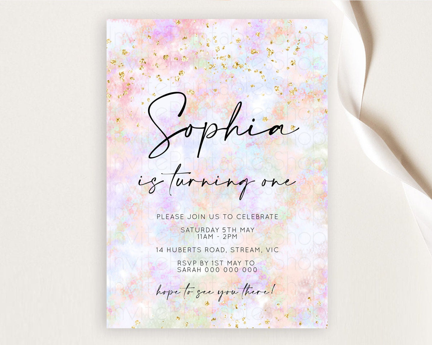 Rainbow Birthday Invitation Colorful Pastel Watercolor Invitation Gold Glitter Sprinkles Ombre Pastel 1st 2nd 3rd Birthday D10649