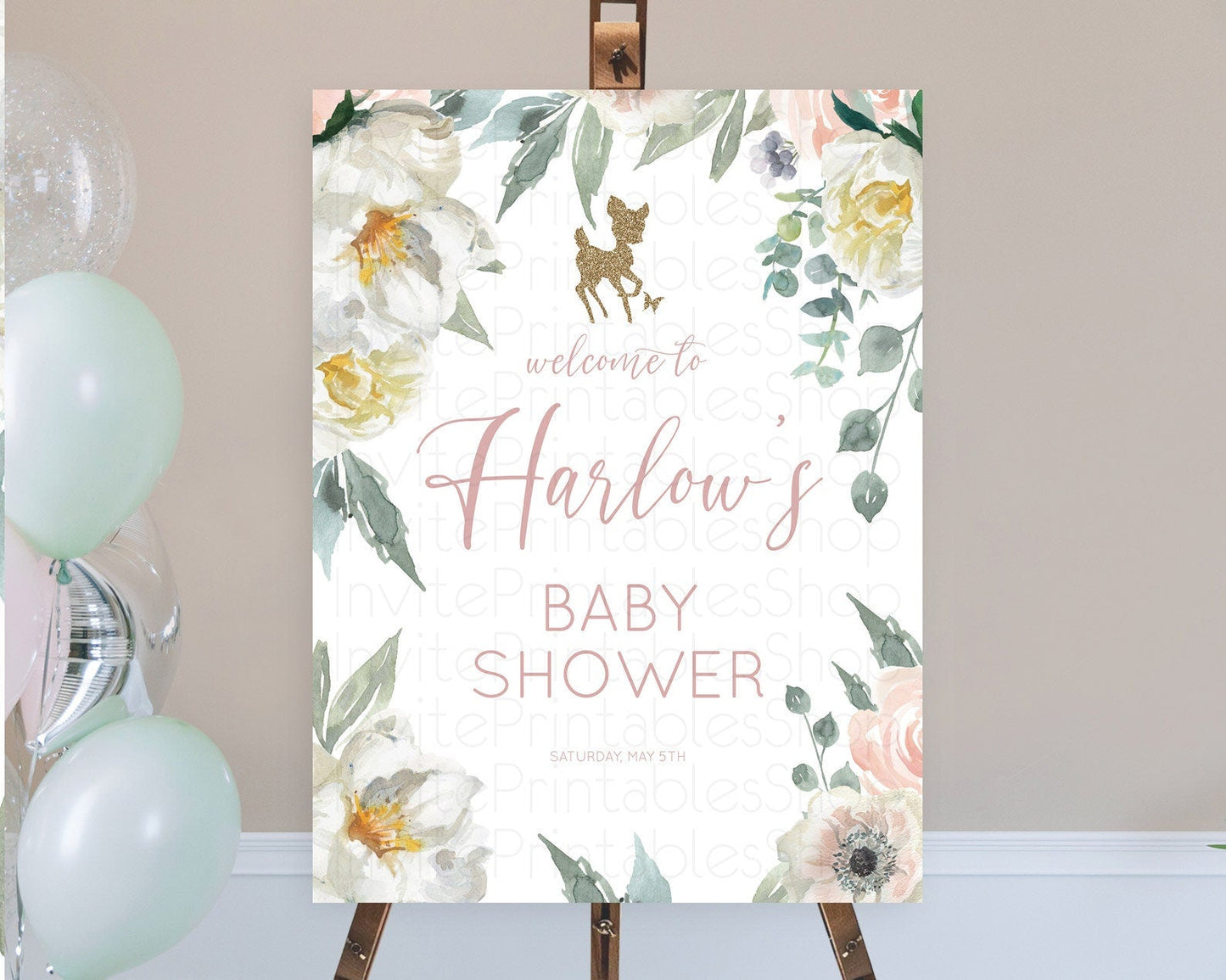 Fawn Baby Shower Welcome Sign Deer Welcome Board Floral Deer Welcome Poster Enchanted Forest Butterfly Pastel Floral Welcome Sign D10120