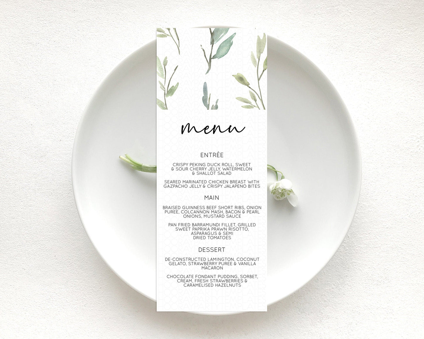 Leafy Menu Green Leaf Menu Template Eucalyptus Fern Leaves Decor Watercolor Boho Garden Leaf Branch Dinner Dessert Party Food Menu D11058