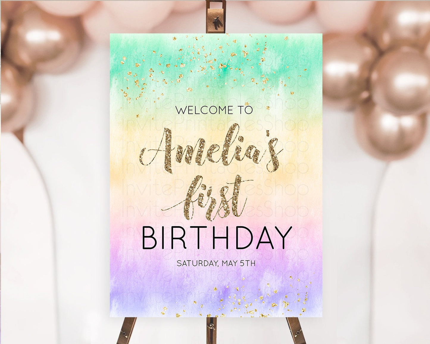 Pastel Welcome Sign Pastel Rainbow Welcome Sign Colorful Rainbow Confetti Watercolor Glitter Pastel First Birthday Welcome Sign D10478