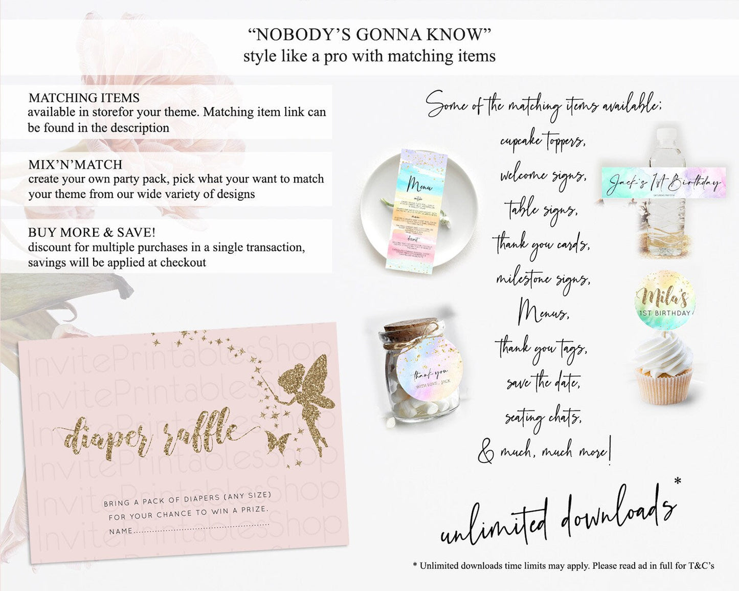 Fairy Diaper Raffle Card Fairy Diaper Insert Enchanted Garden Fairy Diaper Ticket Pastel Floral Butterfly Secret Garden Raffle Game D10899