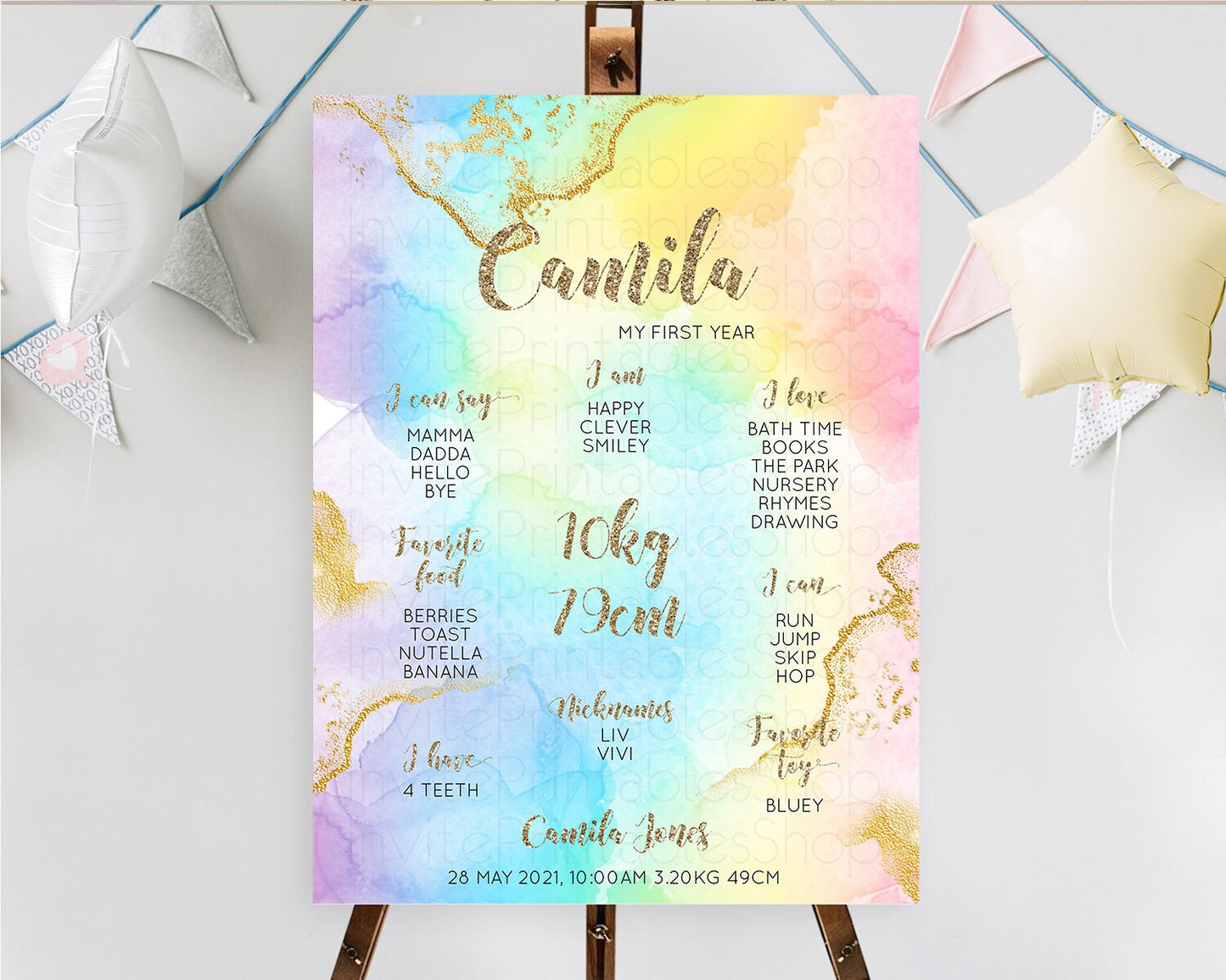 Pastel First Birthday Milestone Board Pastel Rainbow Milestone Poster Colorful Confetti Watercolor Glitter 1st Birthday Welcome Sign D10589