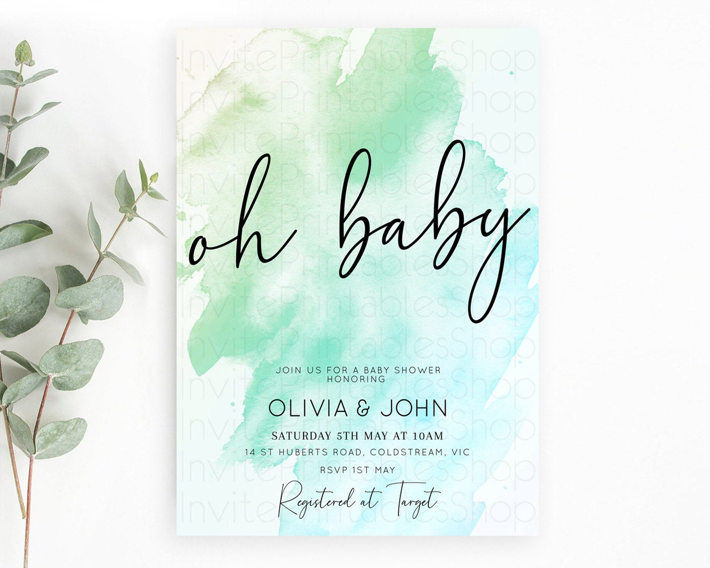 Green Baby Shower Invitation Green Watercolor Baby Shower Invitation Pastel Green Watercolor Invitation Green Splash Gold Invitation D10166