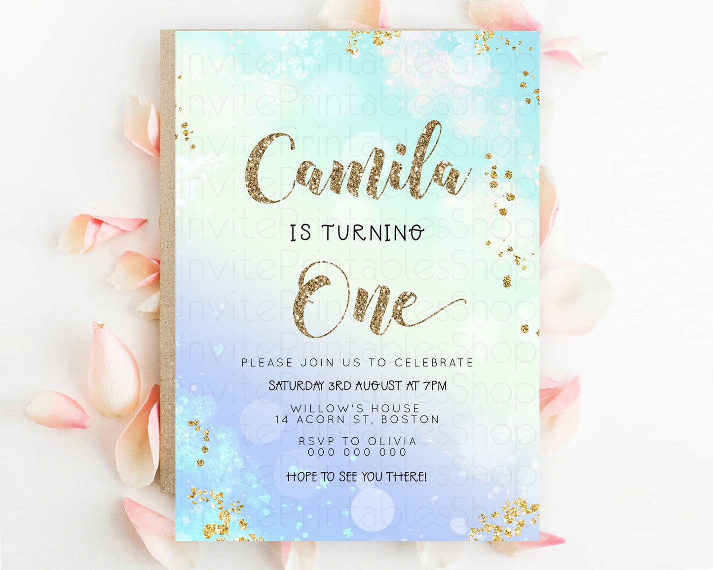 Rainbow Birthday Invitation Colorful Pastel Watercolor Invitation Gold Glitter Sprinkles Ombre Pastel 1st 2nd 3rd Birthday D23117