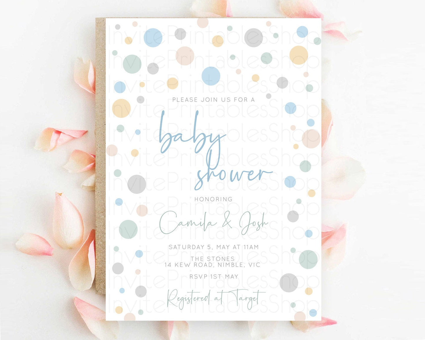 Confetti Baby Shower Invitation Soft Pastel Confetti Invitation Soft Blue, Pink Yellow and Green Confetti, Sprinkles, Bubbles Theme D11021