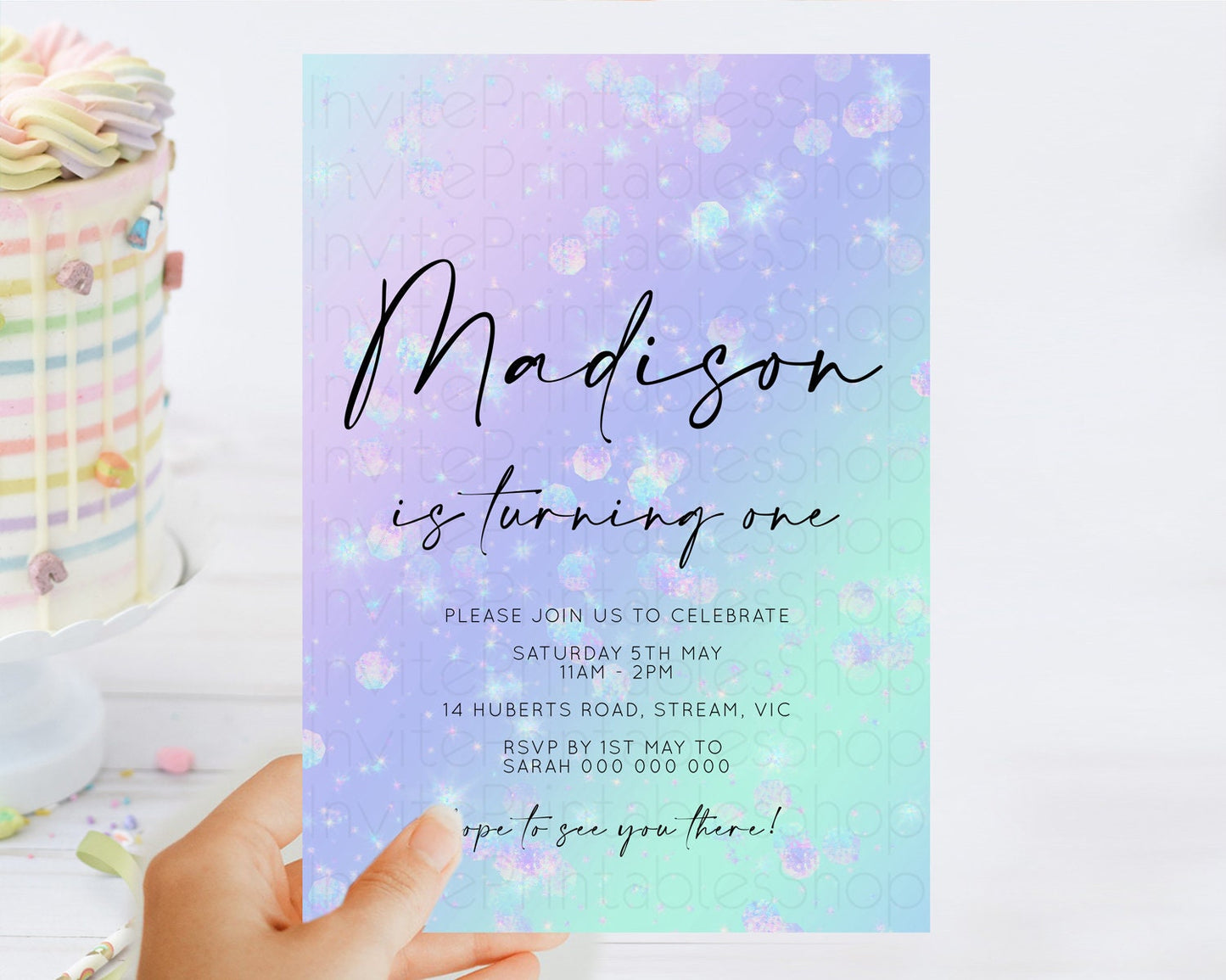 Rainbow Birthday Invitation Colorful Pastel Watercolor Iridescent Glitter Sprinkles Ombre Pastel Invitation 1st 2nd First Birthday D10663