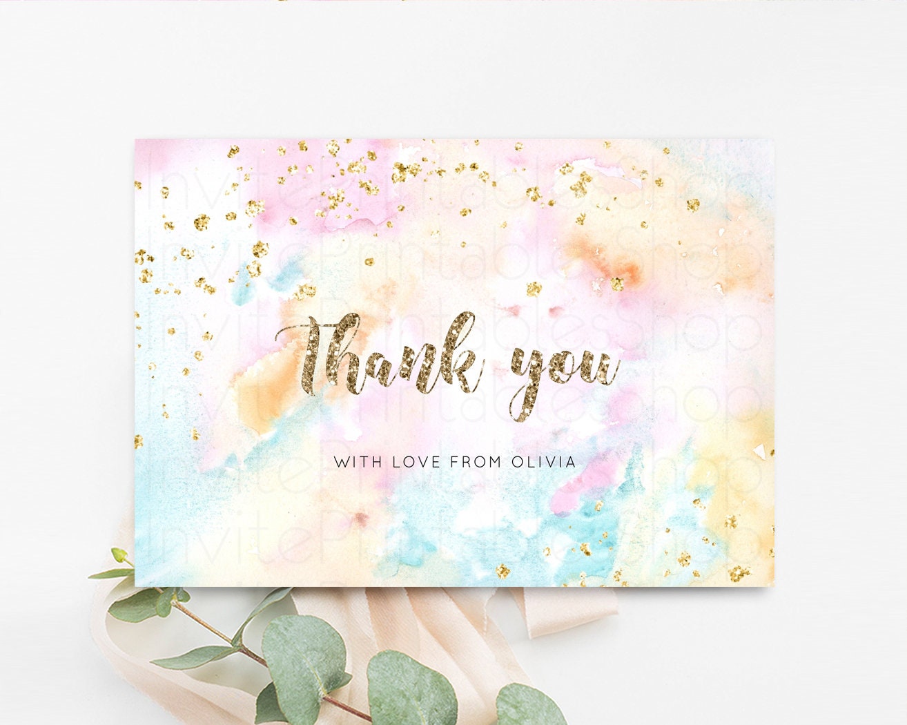 Pastel Rainbow Thank you Colorful Watercolor Folded Gift Cards Custom Note Message Glitter Birthday Engaged Baby Shower Wedding Guests G566