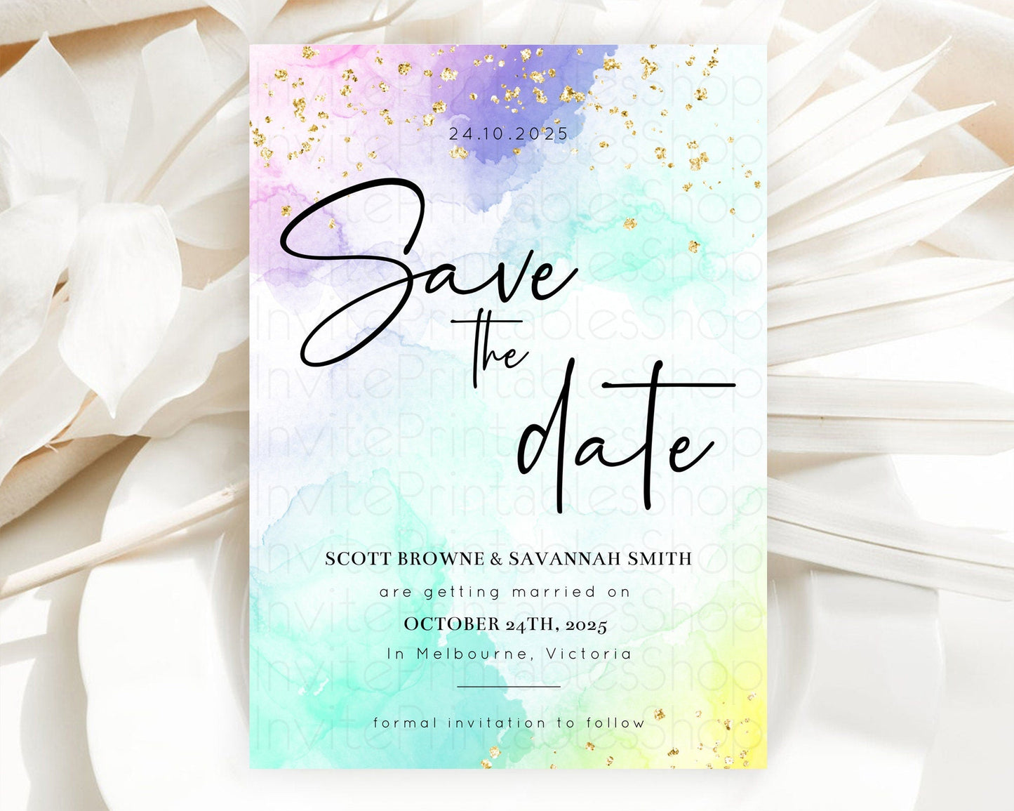 Pastel Save The Date Template Pastel Ombre Rainbow Watercolor Colorful Party For Birthday Baptism Baby Shower Wedding Bridal Shower D10158