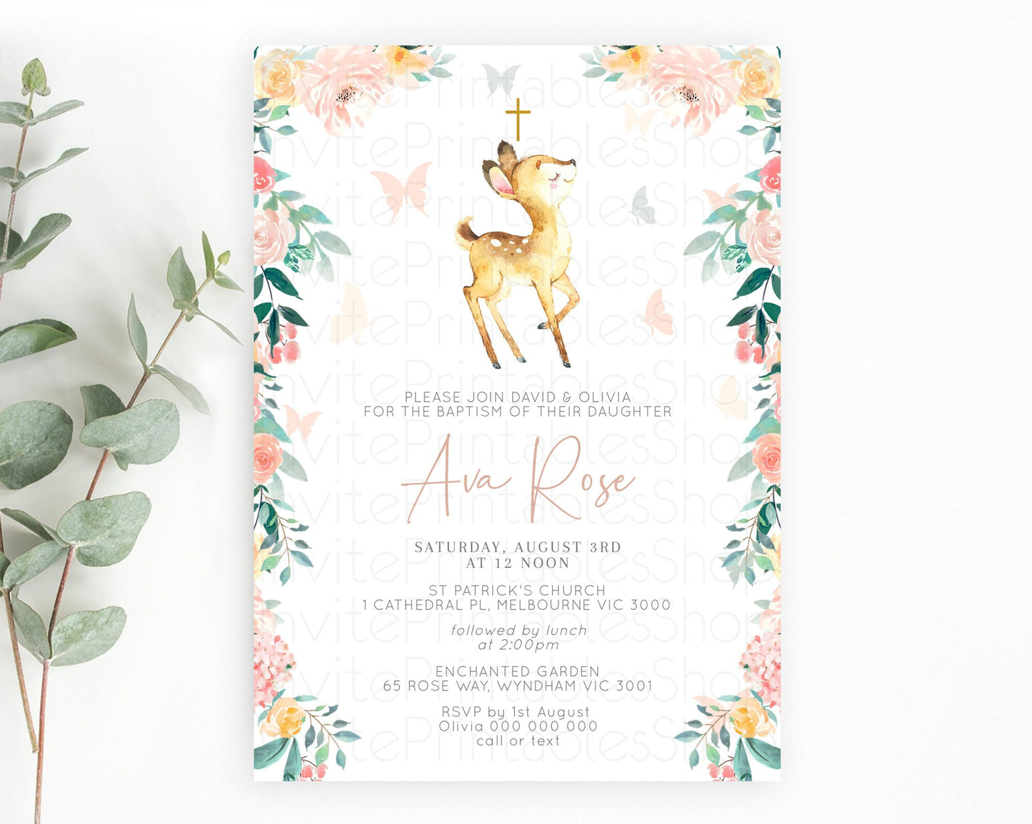 Fawn Baptism Invitation Deer Baptism 1st Birthday Invitation Enchanted Forest Christening Invitation Pastel Garden Butterfly Floral D10753