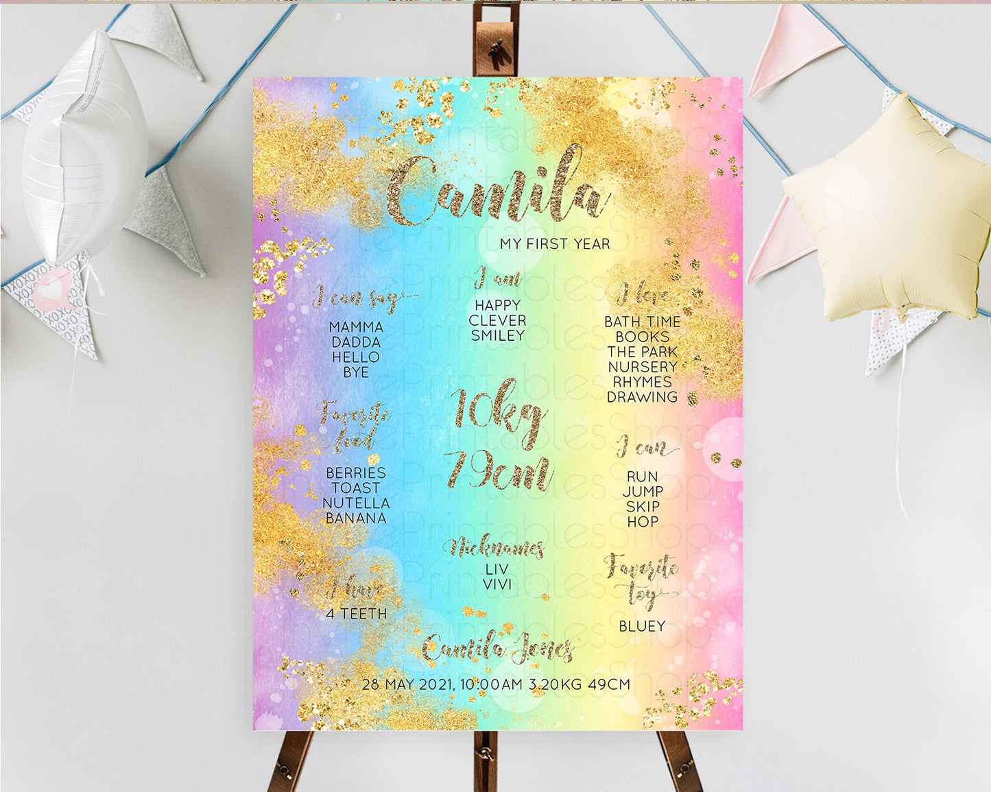 Pastel First Birthday Milestone Board Pastel Rainbow Milestone Poster Colorful Confetti Watercolor Glitter 1st Birthday Welcome Sign D10561
