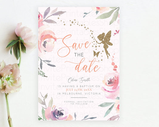 Fairy Save The Date Template Enchanted Garden Pastel Floral Butterfly Party Secret Garden Birthday Baptism Baby Shower Bridal Shower D10197