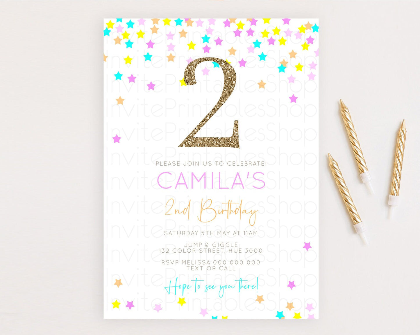 Star Birthday Invitation Pastel Stars Invite Shooting Star Party Rainbow Colorful Confetti Twinkle Little Star 2nd First Birthday D10397