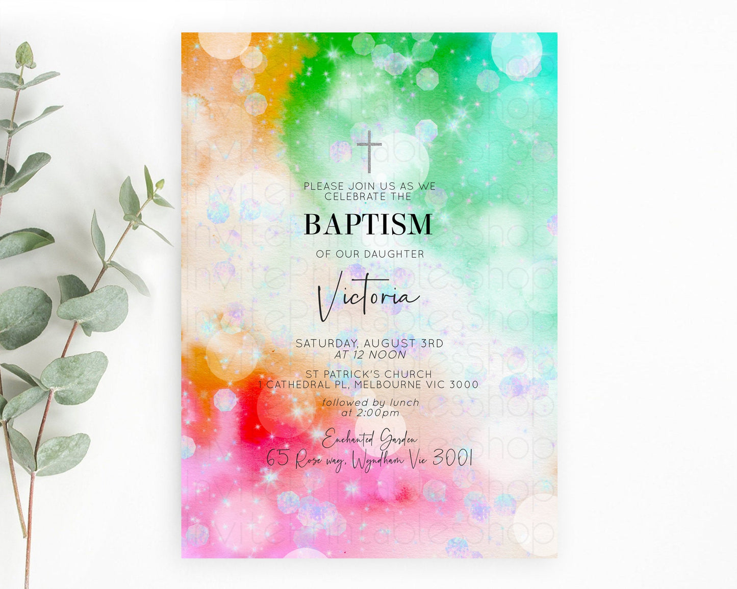 Rainbow Baptism Invitation Colorful Pastel Watercolor Baptism 1st Birthday Invitation Iridescent Glitter Sprinkles Ombre Christening D10691