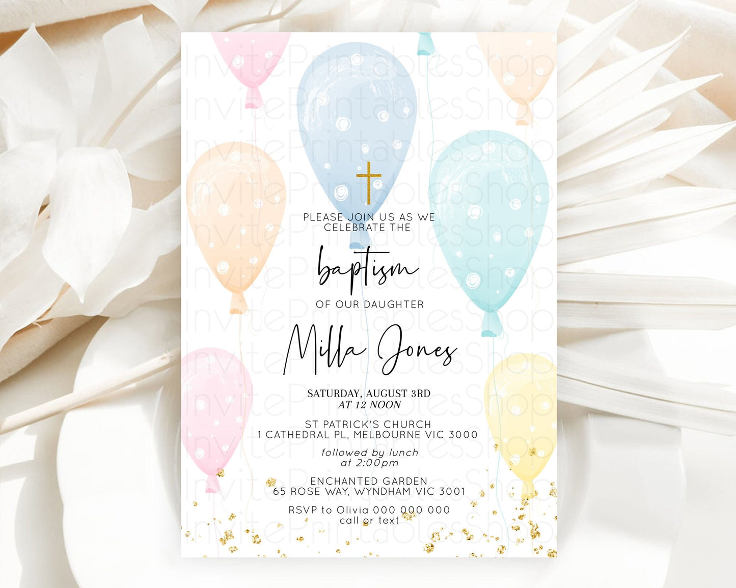 Balloon Baptism Invitation Pastel Baptism 1st Birthday Invitation Pastel Balloon Christening Invite Colorful Rainbow Balloon Invites D10776