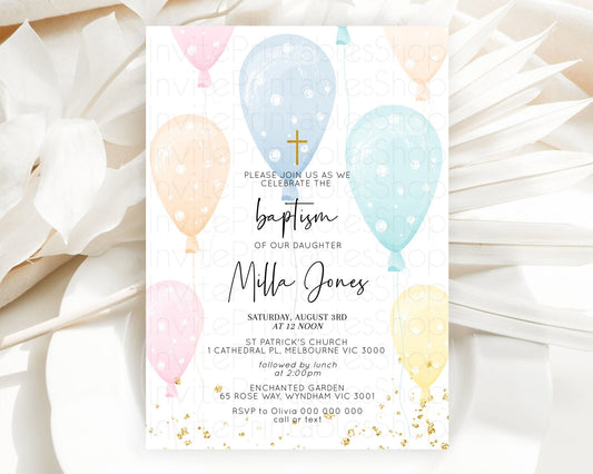 Balloon Baptism Invitation Pastel Baptism 1st Birthday Invitation Pastel Balloon Christening Invite Colorful Rainbow Balloon Invites D10776