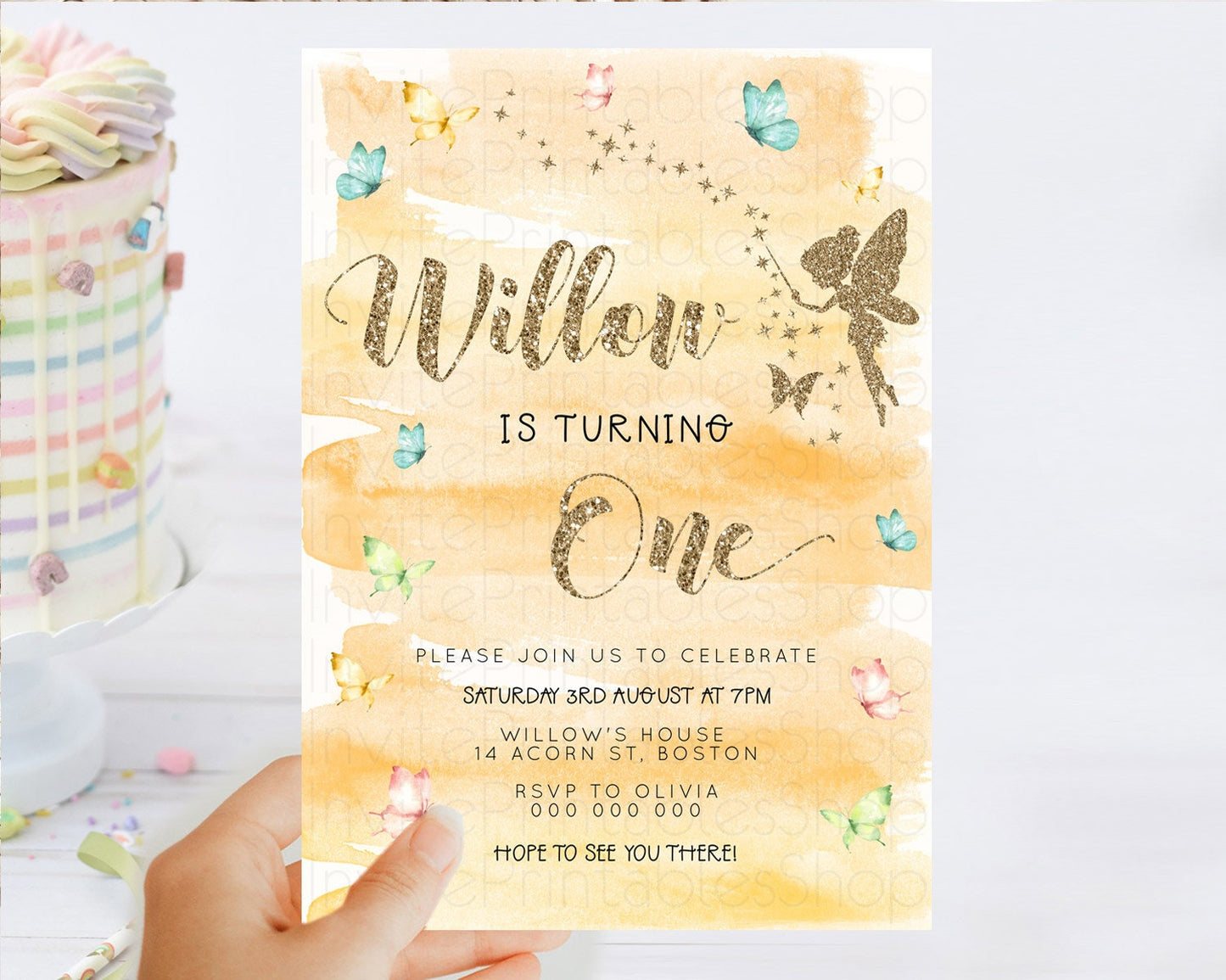 Pastel Fairy Birthday Invitation Pastel Butterflies Fairy Birthday Invitation Rainbow Ombre Watercolor 1st 2nd Birthday Invitation D23325